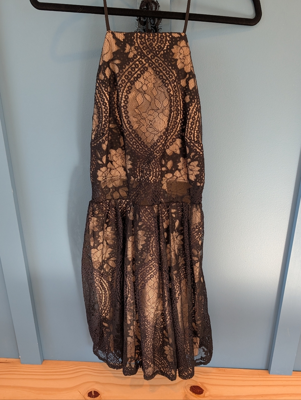 Trixxi Black Lace Overlay Halter Dress with Nude Lining